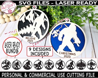 May include: Nine laser-ready SVG designs of a Bigfoot figure in various poses. The designs include a Bigfoot holding a fish, a Bigfoot with a Christmas tree, and a Bigfoot with a mountain scene. The designs are perfect for creating personalized ornaments, decals, or other crafts.