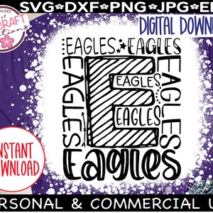 Może przedstawiać: Cyfrowy plik do pobrania z czarno-białym projektem graficznym, na kt&oacute;rym słowo "Eagles" jest powt&oacute;rzone wiele razy w stylizowanym kroju pisma. Projekt jest umieszczony na białym tle z efektem rozprysku.