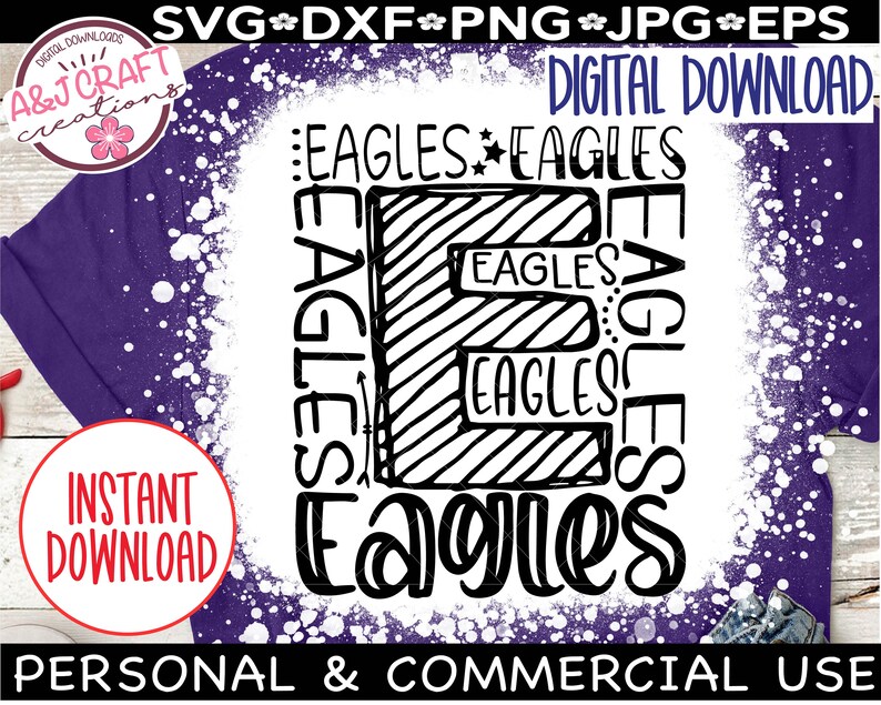 Może przedstawiać: Cyfrowy plik do pobrania z czarno-białym projektem graficznym, na kt&oacute;rym słowo "Eagles" jest powt&oacute;rzone wiele razy w stylizowanym kroju pisma. Projekt jest umieszczony na białym tle z efektem rozprysku.