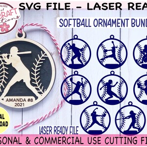 May include: A set of eight softball ornament SVG files, laser ready for cutting. The ornaments feature a variety of softball player poses, including batting, pitching, and catching. The text "Softball Ornament Bundle" is at the top of the image. The text "Laser Ready File" is at the bottom of the image. The text "Personal & Commercial Use Cutting File" is at the bottom of the image.