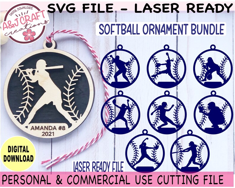 May include: A set of eight softball ornament SVG files, laser ready for cutting. The ornaments feature a variety of softball player poses, including batting, pitching, and catching. The text "Softball Ornament Bundle" is at the top of the image. The text "Laser Ready File" is at the bottom of the image. The text "Personal & Commercial Use Cutting File" is at the bottom of the image.