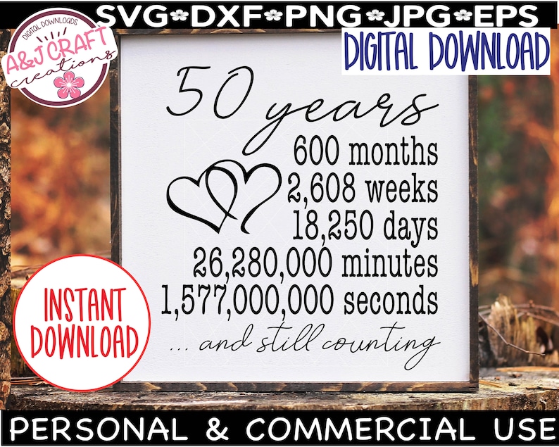 May include: A white sign with black text that reads "50 years 600 months 2,608 weeks 18,250 days 26,280,000 minutes 1,577,000,000 seconds... and still counting". The sign also features two intertwined hearts.