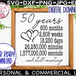 May include: A wooden sign with a white background and black text. The sign reads "50 years 600 months 2,608 weeks 18,250 days 26,280,000 minutes 1,577,000,000 seconds... and still counting". Two intertwined hearts are above the text.