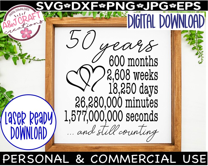 May include: A wooden sign with a white background and black text. The sign reads "50 years 600 months 2,608 weeks 18,250 days 26,280,000 minutes 1,577,000,000 seconds... and still counting". Two intertwined hearts are above the text.