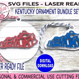 May include: Two laser-cut Kentucky state outline ornaments, one red and one blue, with the word "Kentucky" spelled out within the state shape. The ornaments are on a white wood background with a red and white twine.