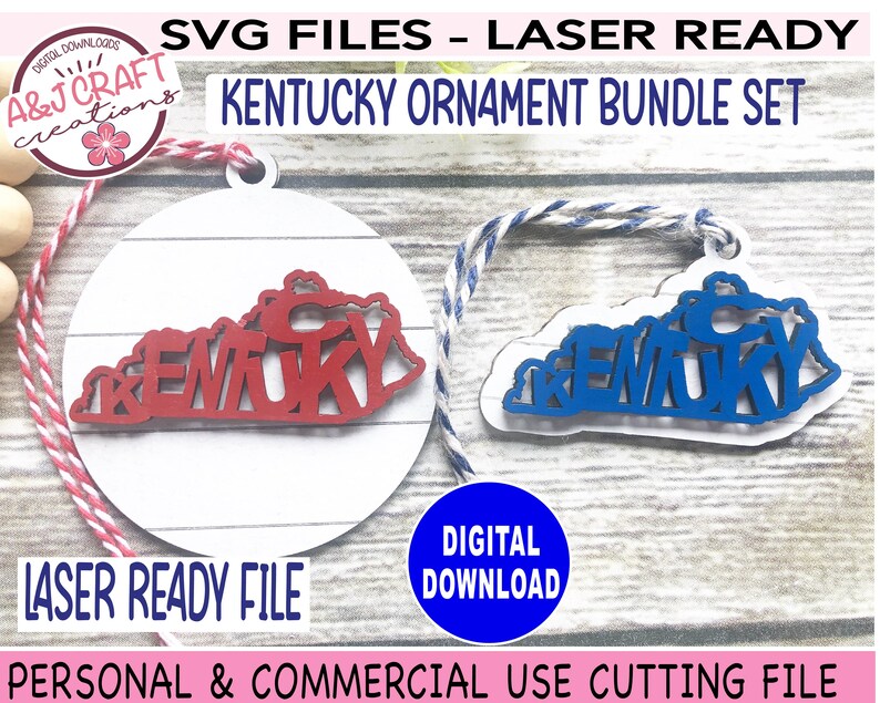 May include: Two laser-cut Kentucky state outline ornaments, one red and one blue, with the word "Kentucky" spelled out within the state shape. The ornaments are on a white wood background with a red and white twine.
