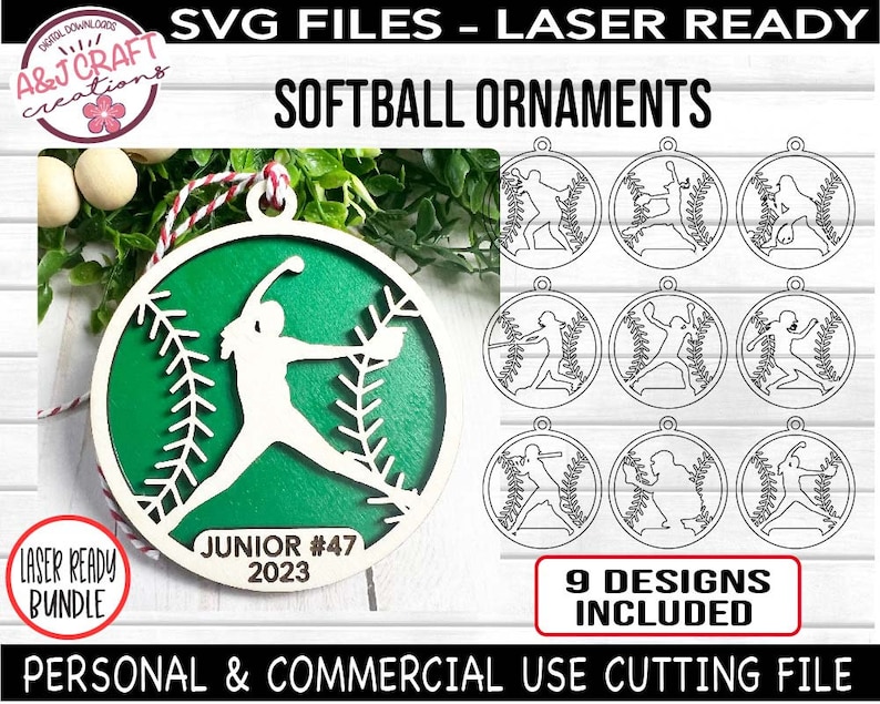 May include: A set of nine laser-cut softball ornament SVG files. The designs feature a softball player in various poses. The text "JUNIOR #47 2023" is included on one of the ornaments. The text "9 DESIGNS INCLUDED" is also included in the image.