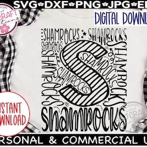 May include: Black and white digital download design featuring the letter "S" made up of the word "Shamrocks" repeated multiple times. The design is perfect for creating crafts, shirts, and other projects.