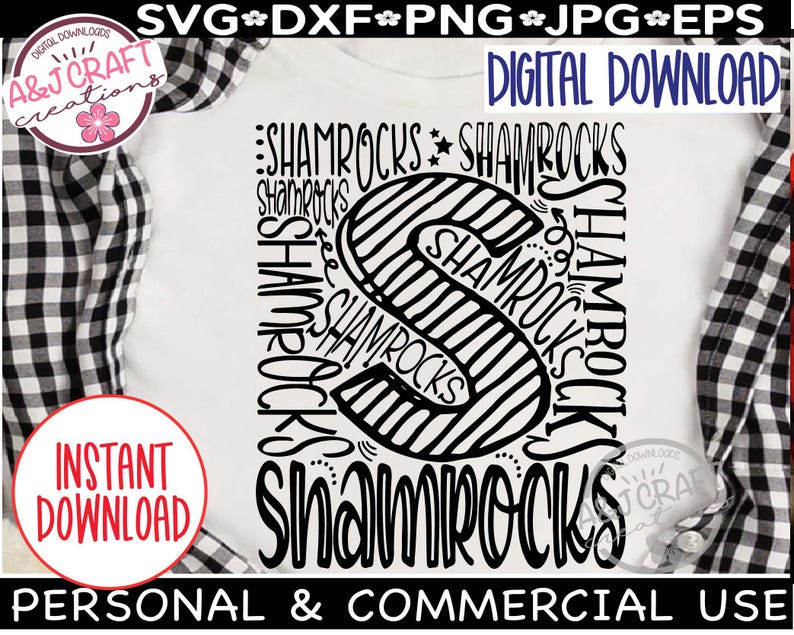 May include: Black and white digital download design featuring the letter "S" made up of the word "Shamrocks" repeated multiple times. The design is perfect for creating crafts, shirts, and other projects.