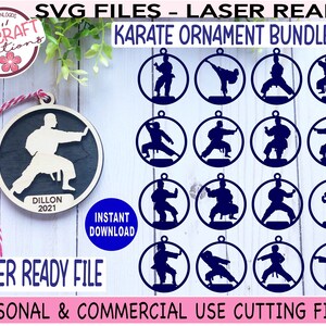 May include: A set of 16 laser-cut SVG files featuring karate poses in a circle shape. The files are ready to be used for creating ornaments, decorations, or other crafts. The text "KARATE ORNAMENT BUNDLE" is displayed at the top of the image.
