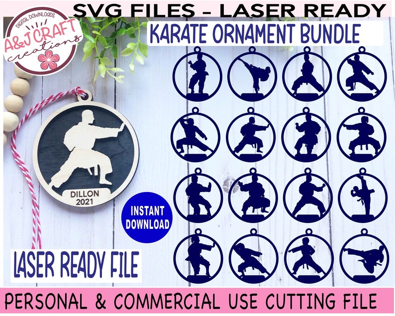 May include: A set of 16 laser-cut SVG files featuring karate poses in a circle shape. The files are ready to be used for creating ornaments, decorations, or other crafts. The text "KARATE ORNAMENT BUNDLE" is displayed at the top of the image.
