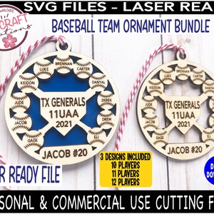 May include: Laser cut wooden baseball team ornament with a blue background and the text "TX Generals 11UAA 2021" and "Jacob #20". The ornament features 12 baseballs with player names around the perimeter.