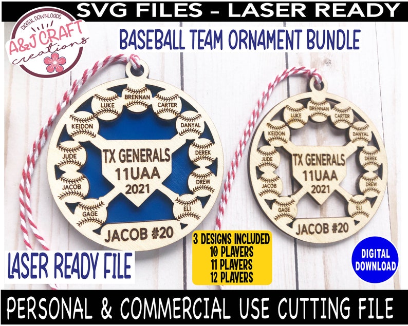 May include: Laser cut wooden baseball team ornament with a blue background and the text "TX Generals 11UAA 2021" and "Jacob #20". The ornament features 12 baseballs with player names around the perimeter.