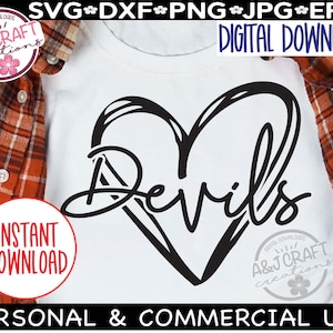 DUIVELS hart SVG, duivels honkbal svg, typografie, duivels voetbal svg, mascotte cheer svg, duivels school team mascotte, school geest shirts