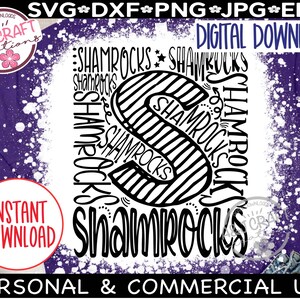 May include: Black and white digital design featuring the word "Shamrocks" repeated in a circular pattern with a striped letter "S" in the center. The design is on a white background with a white splatter effect.