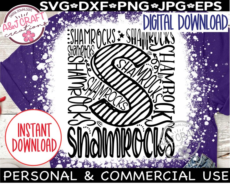 May include: Black and white digital design featuring the word "Shamrocks" repeated in a circular pattern with a striped letter "S" in the center. The design is on a white background with a white splatter effect.