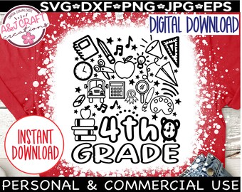 May include: Black and white graphic design of school supplies and the text "4th GRADE". The design is on a white background with a red and white splatter effect.