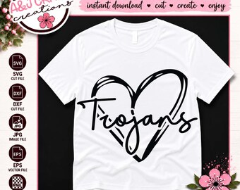 May include: A white short-sleeved t-shirt featuring a black graphic of a heart outline with the word Trojans written in a cursive script across the center. The design is presented as a digital download file for personal and commercial use.