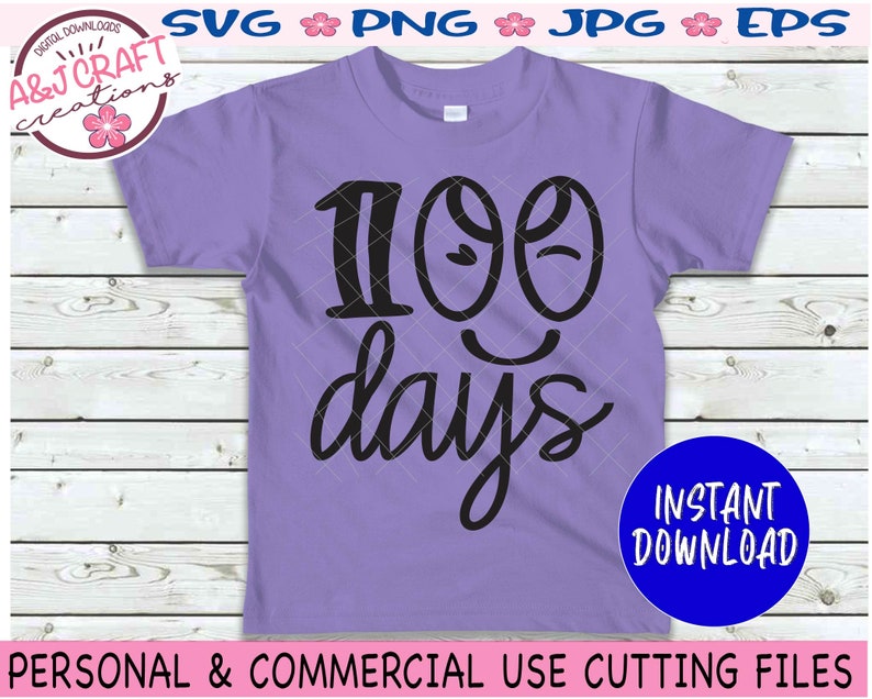 May include: Purple t-shirt with black text that says "100 days" with a smiley face design. The text is in a playful font.