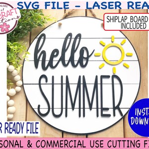 Hello Summer ドアサイン svg、デジタルダウンロード、レーザー対応ファイル、シップラップ サークル svg、サマー ドアハンガー svg、サマー サン svg