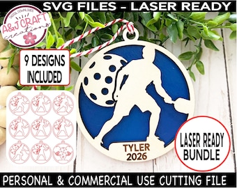 Pickleball Ornament Bundle Laser Cut Files, Male & Female Player Ornaments, Pickleball Christmas SVG, Glowforge Ready File Set