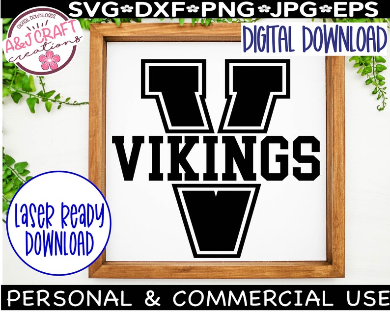 May include: A black and white graphic design of a large letter V with the word "VIKINGS" written below it. The letter V has a thick black outline and is in a bold, blocky font.