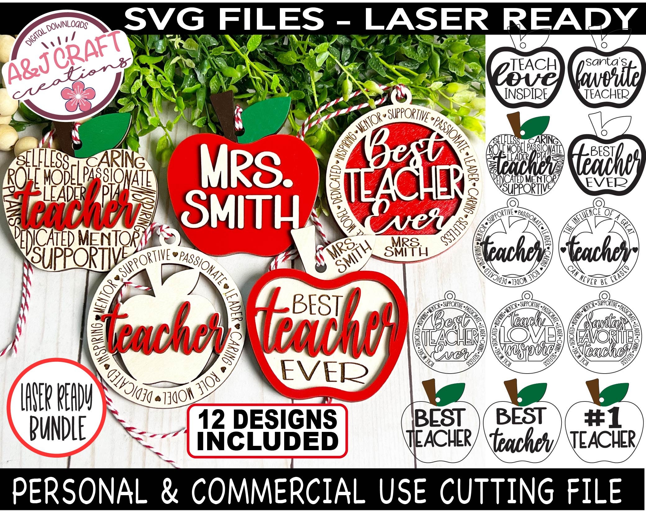 Teacher Christmas Ornament SVG BUNDLE Laser Cut File Teach Etsy