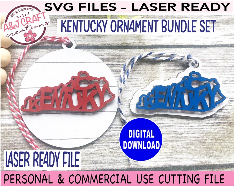 May include: Two laser-cut Kentucky state outline ornaments, one red and one blue, with the word "Kentucky" spelled out inside the state shape. The ornaments are on a white wood background with a red and white twine string attached to each.