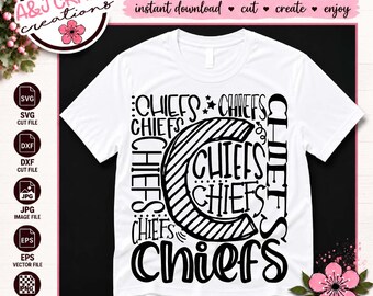 May include: A white t-shirt featuring a large black graphic design. The design consists of a prominent letter C filled with diagonal stripes, surrounded by the word Chiefs repeated multiple times in various black fonts and orientations.