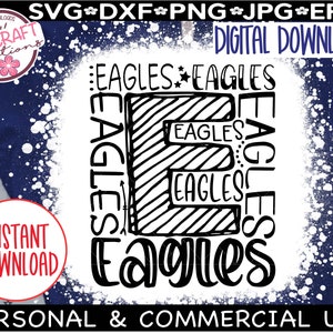 Może przedstawiać: Czarno-biały projekt do pobrania cyfrowego litery E złożonej z wielokrotnie powtarzającego się słowa "Eagles". Projekt znajduje się na białym tle z efektem rozprysku.