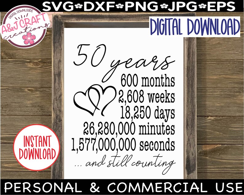 May include: A white sign with black text that reads "50 years 600 months 2,608 weeks 18,250 days 26,280,000 minutes 1,577,000,000 seconds... and still counting". The sign also has two black hearts.