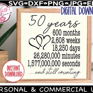 May include: A digital download of a printable sign that reads "50 years, 600 months, 2,608 weeks, 18,250 days, 26,280,000 minutes, 1,577,000,000 seconds... and still counting". The sign features two intertwined hearts.
