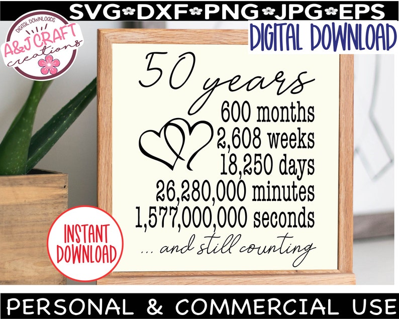 May include: A digital download of a printable sign that reads "50 years, 600 months, 2,608 weeks, 18,250 days, 26,280,000 minutes, 1,577,000,000 seconds... and still counting". The sign features two intertwined hearts.
