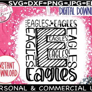 Może przedstawiać: Czarno-biały projekt do pobrania cyfrowego z napisem "Eagles" powt&oacute;rzonym wiele razy w stylizowanym kroju pisma. Projekt idealnie nadaje się do tworzenia koszulek, kubk&oacute;w i innych spersonalizowanych przedmiot&oacute;w.