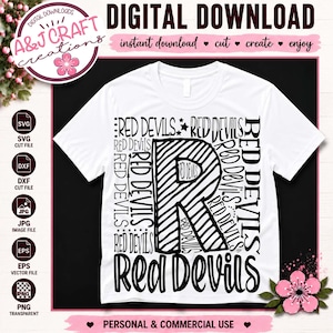 May include: A white short-sleeved t-shirt featuring a large black graphic design. The design consists of the text Red Devils repeated in various fonts and orientations, surrounding a large letter R filled with diagonal black stripes.
