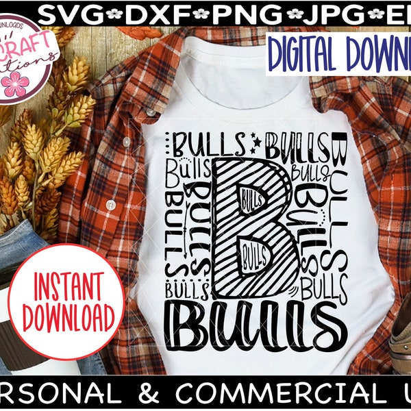 BULLS SVG, Bulls Baseball Basketball Football, Bulls Fan png, Bulls typography png, Bulls cheer svg, Go Bulls svg, Bulls Sublimation