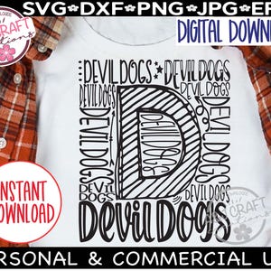 Devil Dogs SVG, Tipografía Devil Dogs, Devil Dogs Football svg, Mascota de la escuela, Sublimación de Devil Dogs, Devil Dogs Cheer, Espíritu escolar