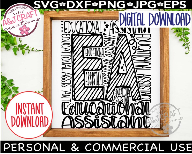 May include: A framed digital download featuring the words "Educational Assistant" in a black and white design. The design includes the text "EA" and "Educational Assistant" in various orientations. The frame is a light brown color. The image also includes the text "Instant Download".