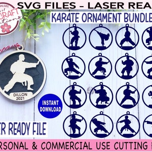 May include: A set of 12 laser-cut karate ornament SVG files. The ornaments feature a variety of karate poses in a blue silhouette. The text "KARATE ORNAMENT BUNDLE" is at the top of the image. The text "LASER READY FILE" is at the bottom of the image. The text "PERSONAL & COMMERCIAL USE CUTTING FILE" is at the bottom of the image.