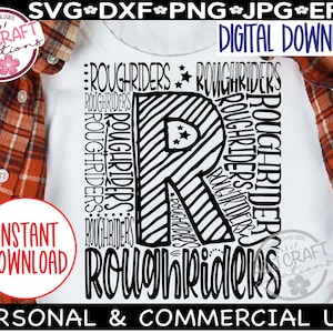 May include: Black and white digital design of the letter R with the word "Roughriders" repeated around it. The design is on a white t-shirt.