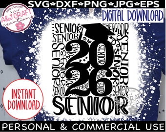 May include: Black and white graphic design with the text "Senior 2026" surrounded by the word "Senior" repeated multiple times. The design has a white splatter effect and a graduation cap.