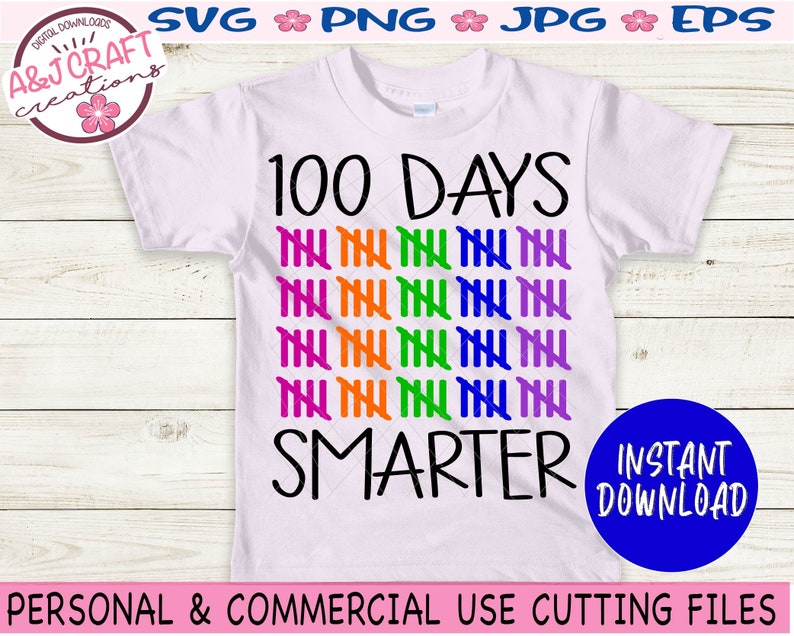 May include: A pink t-shirt with the text "100 DAYS SMARTER" in black. The number 100 is represented by 10 rows of 10 tally marks in alternating colours of purple, orange, green, and blue.