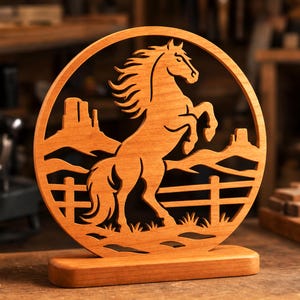 Peut inclure: Une découpe circulaire en bois représentant un cheval cabré au centre, sur fond de paysage désertique avec des mesas et une clôture horizontale. L'ensemble est fabriqué en bois brun clair et repose sur une base rectangulaire en bois.