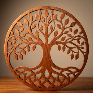 May include: A circular wooden wall art piece featuring a laser-cut tree of life design. The artwork displays a detailed trunk, spreading branches with numerous leaves, and an intricate root system, all enclosed within a smooth wooden ring frame.