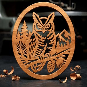 Owl Scroll Saw Pattern - Owl in Forest Wall Art (PDF, PNG, SVG)