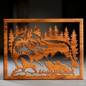 May include: A rectangular wooden wall art piece featuring a laser-cut design of a large wolf head in the background, with a smaller howling wolf and two other wolves standing in the foreground, all set against a backdrop of pine trees.