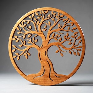 Peut inclure: Une décoration murale circulaire en bois présentant un motif découpé au laser représentant un arbre avec des branches et des feuilles complexes. Le grain du bois brun clair naturel est visible sur toute la structure, encadrée par un cercle.