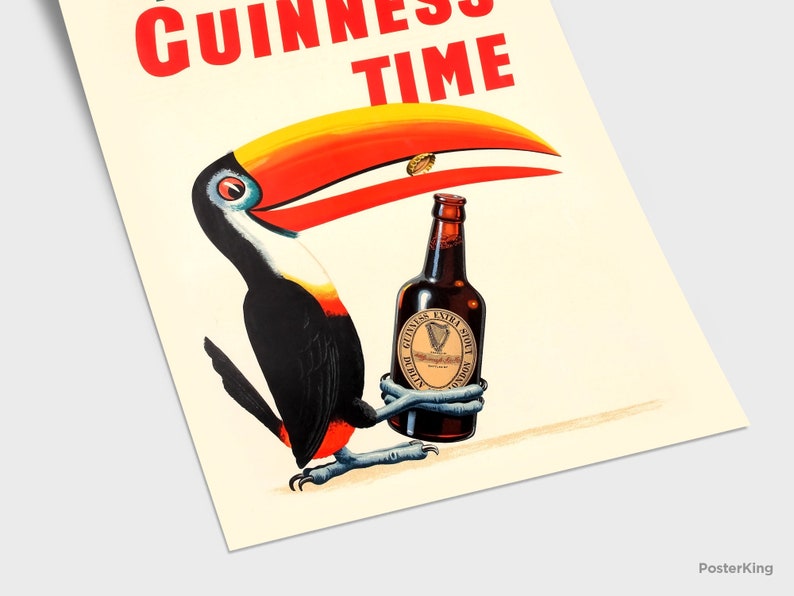 May include: A vintage advertisement for Guinness beer featuring a toucan holding a bottle of Guinness Extra Stout. The toucan has a red and yellow beak and black and white feathers. The text "GUINNESS TIME" is written in red letters at the top of the image.