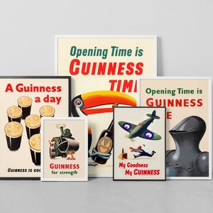 May include: A collection of framed vintage Guinness advertisements. The posters feature various designs, including a toucan, a steam engine, a fighter plane, and a knight's helmet, with the Guinness logo and slogans.