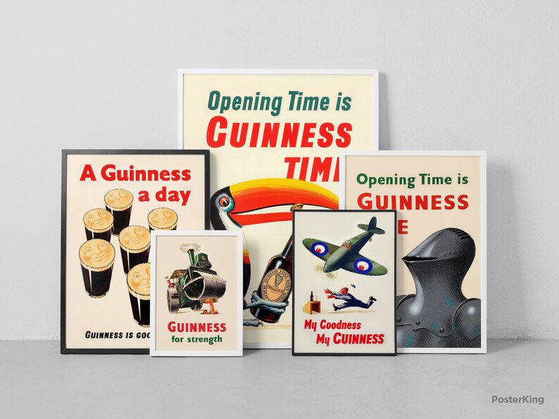 May include: A collection of framed vintage Guinness advertisements. The posters feature various designs, including a toucan, a steam engine, a fighter plane, and a knight's helmet, with the Guinness logo and slogans.